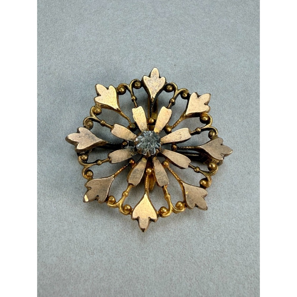 Antique Victorian Gold Filled Floral Rhinestone Brooch Openwork Flower Pin